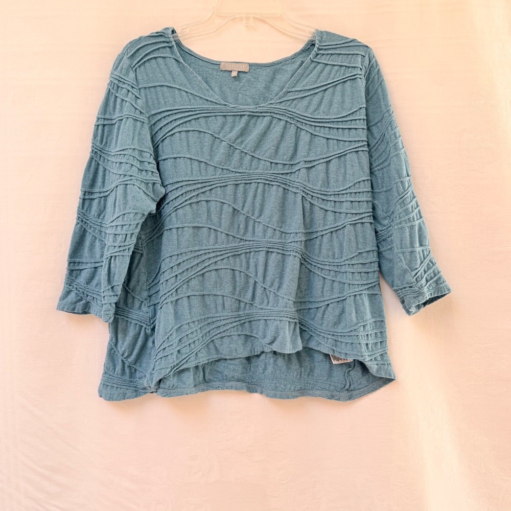 Habitat Wavy Textured Top Womens Large Teal Blue 3/4 Sleeve V-Neck Pintuck Pleat